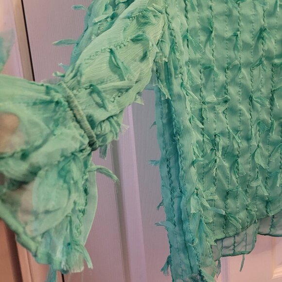 🌹ZARA Sheer Tattered Fringed Bell Sleeve Blouse in Aqua NWOT - Picture 3 of 7